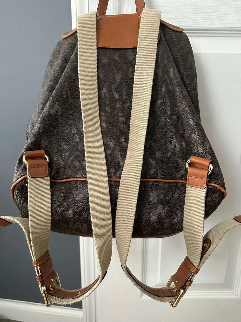 Michael Kors Dark Brown Monogram Backpack with Tan Trim